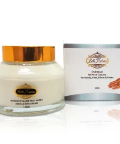 Un pot et une boîte de 100 g de la crème Routine Kinto Doigts Ultime pour les mains, les pieds, les coudes et les genoux, idéale pour un usage quotidien, dans un emballage or et blanc.