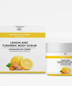 Un pot et une boîte de Kit Gommage Corps Belle Nubian, dont les étiquettes présentent des images vibrantes d'un citron et d'une racine de curcuma.