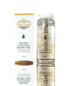 Un flacon de 100 ml d'huile corporelle éclaircissante à la vitamine C et E de Belle Nubian se trouve à côté de sa boîte, idéal pour l'associer au Kit Gommage Corps Belle Nubian afin d'obtenir une peau nourrie et éclatante.