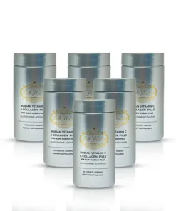 Six bouteilles de Glow Nubian Pilules de vitamine C et de collagène sont présentées en deux rangées sur un fond blanc. Prix de vente : $175.00 USD (régulièrement $225.00 USD).