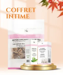 Le coffret Intime Naturelle Nubian, comprenant le thé Detox Organic Yoni et deux boîtes de bien-être nubiennes, est présenté sur une plateforme ronde en or avec des feuilles, évoquant une esthétique naturellement luxueuse et élégante.