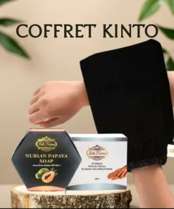 Un gant exfoliant noir est porté sur une main à côté des Doigts Ultime de Routine Kinto, du Savon Nubian Papaya et du Baume Extrême, mettant en valeur l'expérience Routine Kinto, avec le texte "Coffret Kinto" au-dessus.