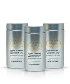 Trois flacons argentés de Pilules Glow Nubian de vitamine C et de collagène sont présentés, chacun contenant 60 comprimés, étiquetés comme un complément alimentaire avec activateur de glutathion - emballés comme "3 BOUTEILLES".
