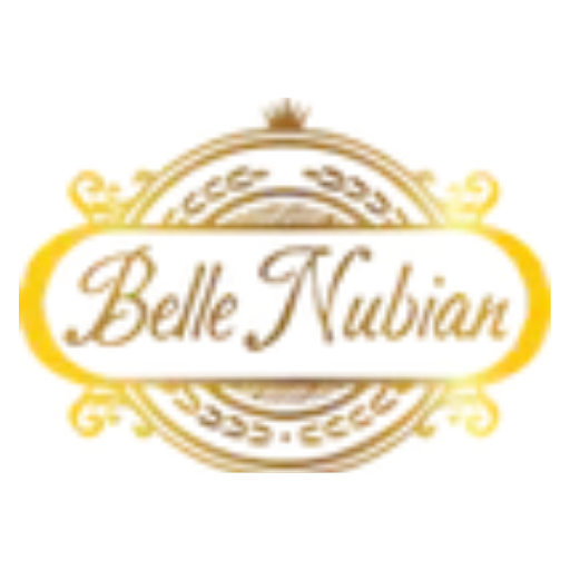 An ornate logo in gold and white features "Belle Nubian" elegantly scripted in cursive at the center, surrounded by intricate designs.