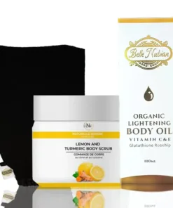 Un Kit Gommage Corps Belle Nubian, comprenant un pot de gommage, un gant de toilette noir et un coffret d'huile corporelle éclaircissante bio, est présenté sur fond blanc.