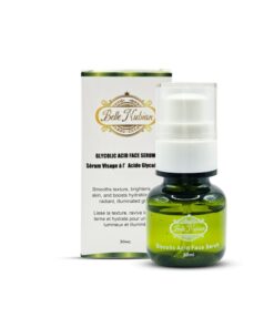 Un flacon de 30 ml de sérum pour le visage à l'acide glycolique de Belle Nubian est placé devant sa boîte d'emballage, avec les détails du produit et la marque.