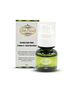 Un flacon de Belle Nubian Glycolic Acid Toner 30ml est présenté avec son emballage, comprenant les détails du produit et la description de son utilisation.