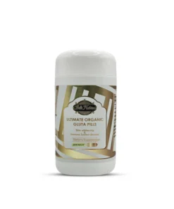 Un flacon en plastique blanc étiqueté "GLUTA BIO ULTIME (2000mg)" pour le blanchiment de la peau et le soutien immunitaire, avec des accents dorés et beiges BIO ULTIME sur l'emballage.