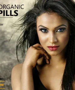 Une femme aux longs cheveux noirs pose à côté d'une bouteille de GLUTA BIO ULTIME (2000mg), un complément alimentaire pour le blanchiment de la peau et le soutien immunitaire ; la bouteille contient 60 gélules.