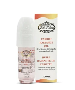 Un flacon de 100 ml de NOUVEAU Huile éclat à la carotte est présenté à côté de son emballage, étiqueté comme une huile corporelle éclaircissante pour l'élimination des taches sombres.