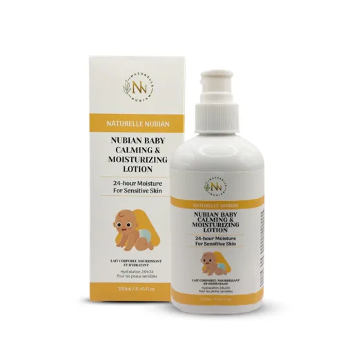 Un flacon et une boîte de Routine Apaisante Bébé Nubians Baby Calming & Moisturizing Lotion for sensitive skin, offrant une hydratation 24 heures sur 24 avec une illustration de bébé - idéale pour apaiser la routine de soins de la peau de votre petit.