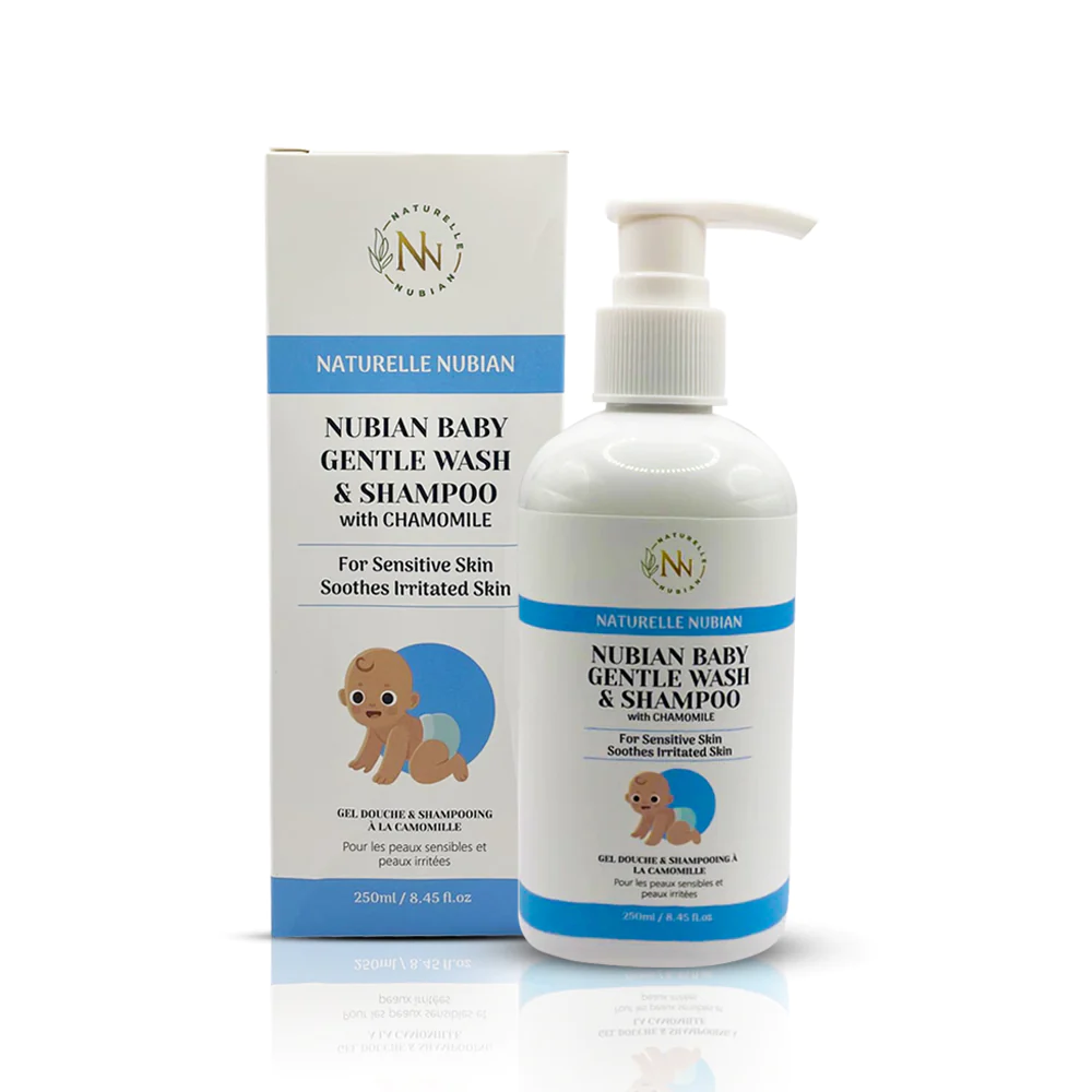 Un flacon et une boîte de Routine Apaisante Bébé Nubians Baby Gentle Wash & Shampoo à la camomille pour les peaux sensibles, dans un emballage bleu et blanc représentant un bébé de bande dessinée, qui a la confiance des Nubiens.