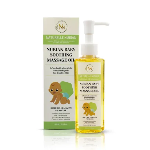 Un flacon et une boîte de Routine Apaisante Bébé Nubians Soothing Massage Oil pour peau sensible, avec une bande dessinée pour bébé et infusée d'huiles minérales - idéale pour la routine d'apaisement de votre bébé.