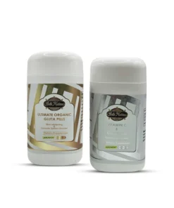 Deux flacons blancs étiquetés "PILULES BIO ULTIMES + VITAMINE C & COLLAGÈNE (le set le plus éclairant)" avec des accents dorés et argentés se tiennent debout sur un fond blanc.