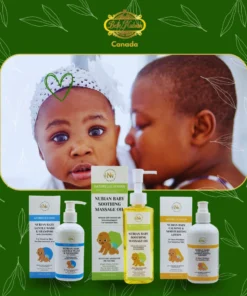 Deux jeunes Nubiens, l'un embrassant l'autre sur la joue, apparaissent au-dessus d'un présentoir de produits de soins Routine Apaisante Bébé Nubians sur fond vert, mettant en valeur cette routine douce pour les bébés.