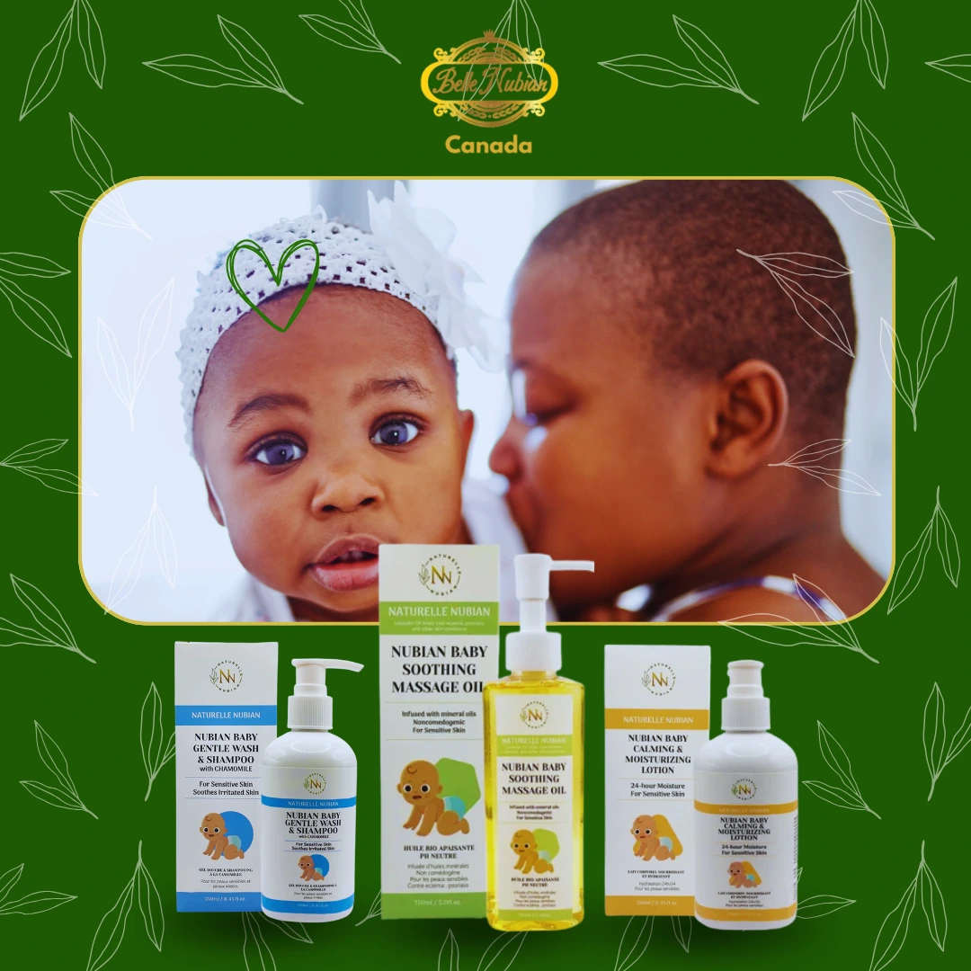 Deux jeunes Nubiens, l'un embrassant l'autre sur la joue, apparaissent au-dessus d'un présentoir de produits de soins Routine Apaisante Bébé Nubians sur fond vert, mettant en valeur cette routine douce pour les bébés.