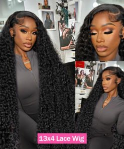 Collage d'une femme aux longs cheveux noirs bouclés dans un ensemble gris à fermeture éclair ; l'étiquette indique "Perruque lace front HD 13x6 vague profonde 250% densité - 30 à 40 pouces".